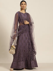 Mauve Embroidered Semi-Stitched Lehenga & Unstitched Blouse With Dupatta