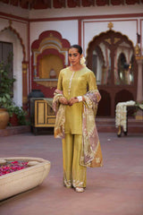 Mustard Yellow Simmer Gerogette Embroiderd Kurta Set