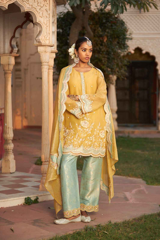 Yellow Simmer Gerogette Embroiderd Kurta Set