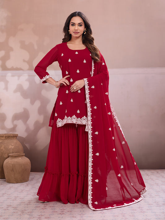 Embroidered Straight Kurta & Sharara With Dupatta