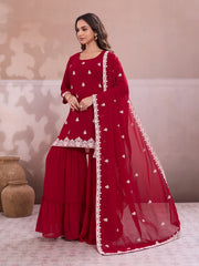 Embroidered Straight Kurta & Sharara With Dupatta