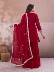 Embroidered Straight Kurta & Sharara With Dupatta