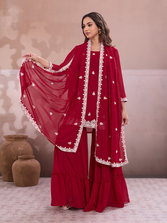 Embroidered Straight Kurta & Sharara With Dupatta
