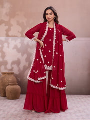 Embroidered Straight Kurta & Sharara With Dupatta