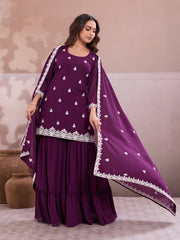 Embroidered Straight Kurta & Sharara With Dupatta