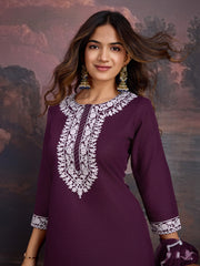 Women Floral Thread Work Kurta Set with Embroidered Dupatta