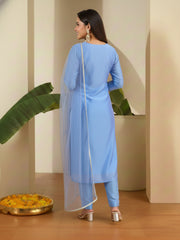 Women Floral Embroidered Regular Thread Work Chanderi Silk Kurta with Trousers & With Dupatta
