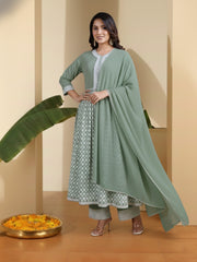 Women Ethnic Motifs Printed Empire Thread Work Kurta with Palazzos & With Dupatta