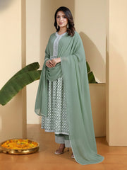 Women Ethnic Motifs Printed Empire Thread Work Kurta with Palazzos & With Dupatta