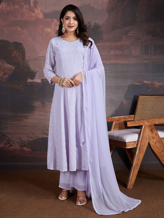 Geometric Embroidered Chikankari A-Line Kurta With Trouser And Dupatta