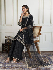 Ethnic Motifs Zari & Sequinned Embroidered A-Line Kurta Set with Dupatta
