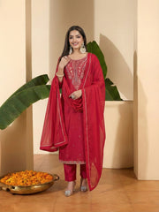 Women Ethnic Motifs Embroidered Regular Thread Work Kurta with Trousers & With Dupatta