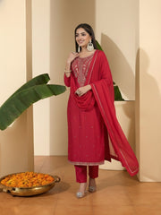 Women Ethnic Motifs Embroidered Regular Thread Work Kurta with Trousers & With Dupatta