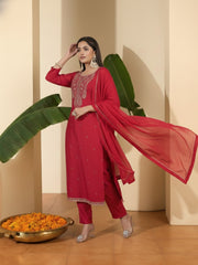 Women Ethnic Motifs Embroidered Regular Thread Work Kurta with Trousers & With Dupatta
