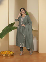 Women Ethnic Motifs Embroidered Regular Thread Work Kurta with Trousers & With Dupatta