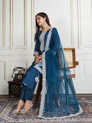 Floral Embroidered Chanderi Cotton Kurta With Trousers And Dupatta