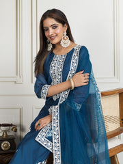 Floral Embroidered Chanderi Cotton Kurta With Trousers And Dupatta