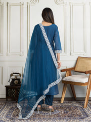 Floral Embroidered Chanderi Cotton Kurta With Trousers And Dupatta
