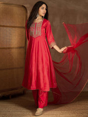Zari & Sequinned Embroidered Anarkali Kurta with Palazzos & Dupatta Set