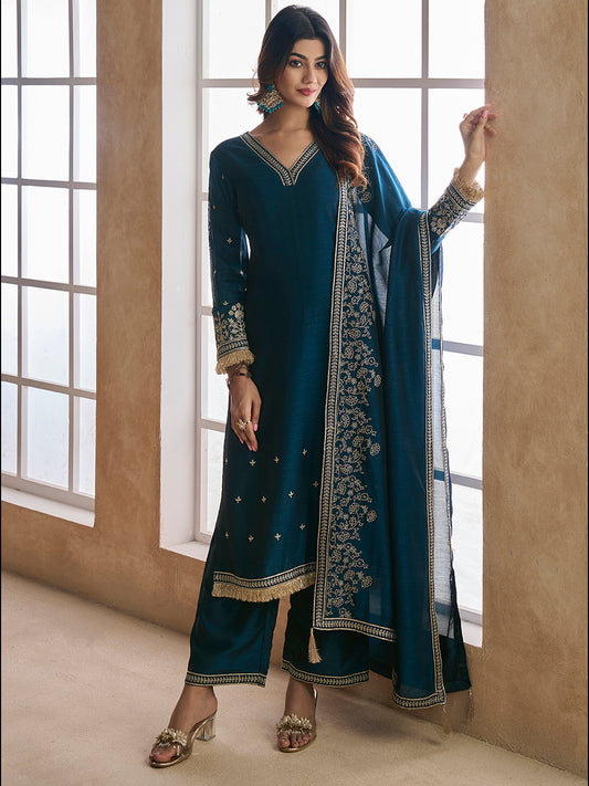 Embroidered Silk Blend V-Neck Kurta Trousers & Dupatta