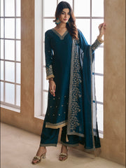 Embroidered Silk Blend V-Neck Kurta Trousers & Dupatta