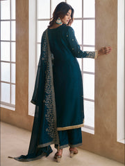 Embroidered Silk Blend V-Neck Kurta Trousers & Dupatta