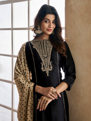 Ethnic Motifs Embroidered Round Neck Kurta & Trousers With Dupatta