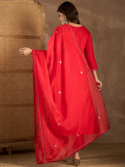 Floral Embroidered Round Neck Kurta & Trousers With Dupatta