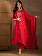 Floral Embroidered Round Neck Kurta & Trousers With Dupatta