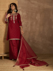 Ethnic Motifs Embroidered Round Neck Kurta & Palazzos With Dupatta