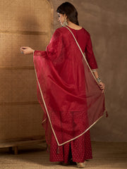 Ethnic Motifs Embroidered Round Neck Kurta & Palazzos With Dupatta