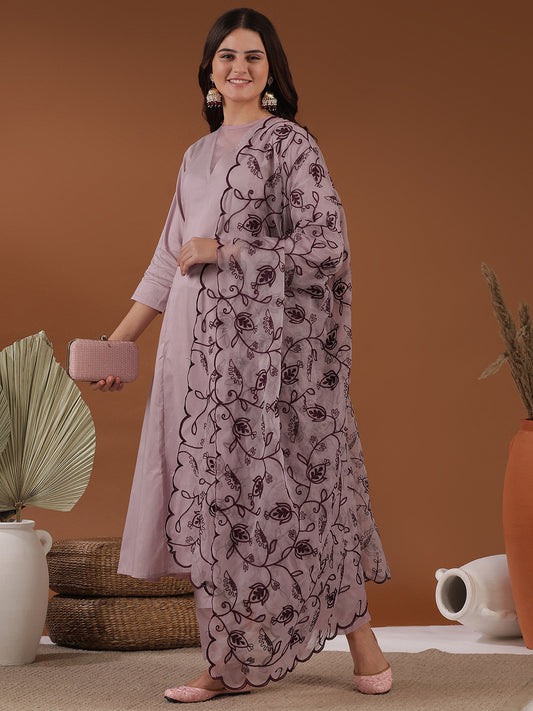Embroidered Round Neck Kurta & Trousers With Dupatta