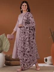 Embroidered Round Neck Kurta & Trousers With Dupatta
