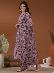 Embroidered Round Neck Kurta & Trousers With Dupatta