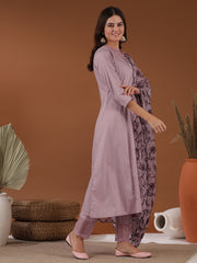 Embroidered Round Neck Kurta & Trousers With Dupatta