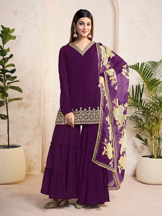 Ethnic Motifs Embroidered V-Neck Kurta & Sharara With Dupatta