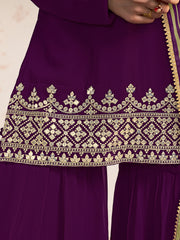Ethnic Motifs Embroidered V-Neck Kurta & Sharara With Dupatta