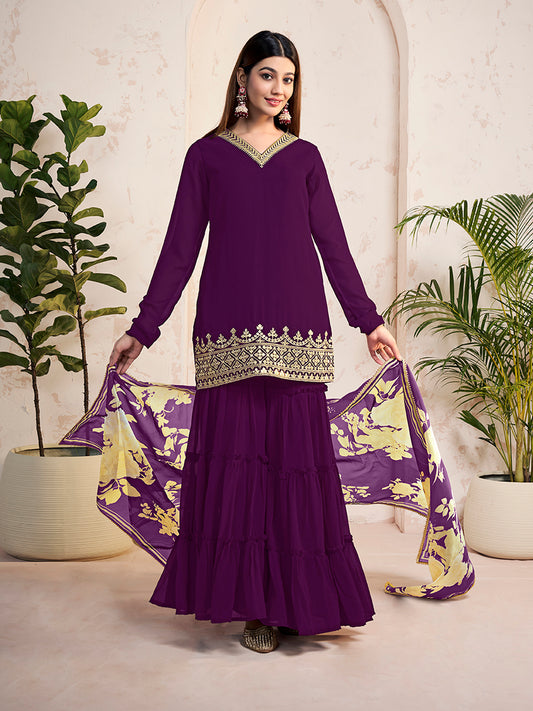 Ethnic Motifs Embroidered V-Neck Kurta & Sharara With Dupatta