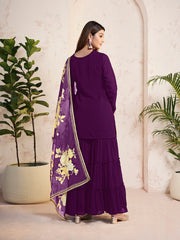 Ethnic Motifs Embroidered V-Neck Kurta & Sharara With Dupatta