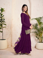 Ethnic Motifs Embroidered V-Neck Kurta & Sharara With Dupatta