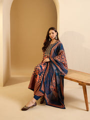 Floral Embroidered Round Neck Kurta & Trousers With Dupatta