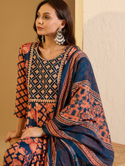 Floral Embroidered Round Neck Kurta & Trousers With Dupatta