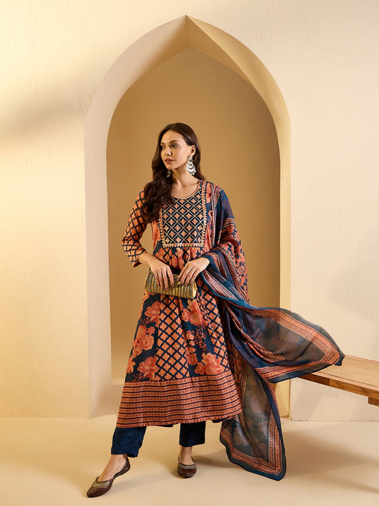 Floral Embroidered Round Neck Kurta & Trousers With Dupatta