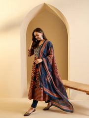 Floral Embroidered Round Neck Kurta & Trousers With Dupatta