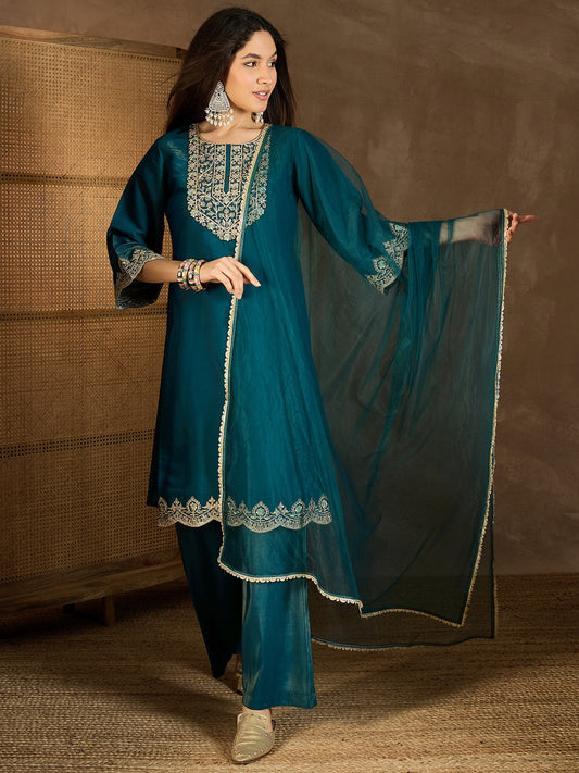 Floral Embroidered Round Neck Kurta & Trousers With Dupatta