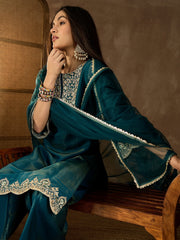Floral Embroidered Round Neck Kurta & Trousers With Dupatta