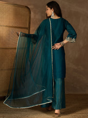 Floral Embroidered Round Neck Kurta & Trousers With Dupatta