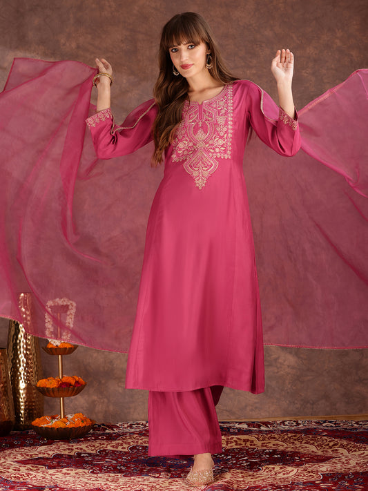 Floral Sequinned Embroidered Round Neck Kurta & Palazzos With Dupatta