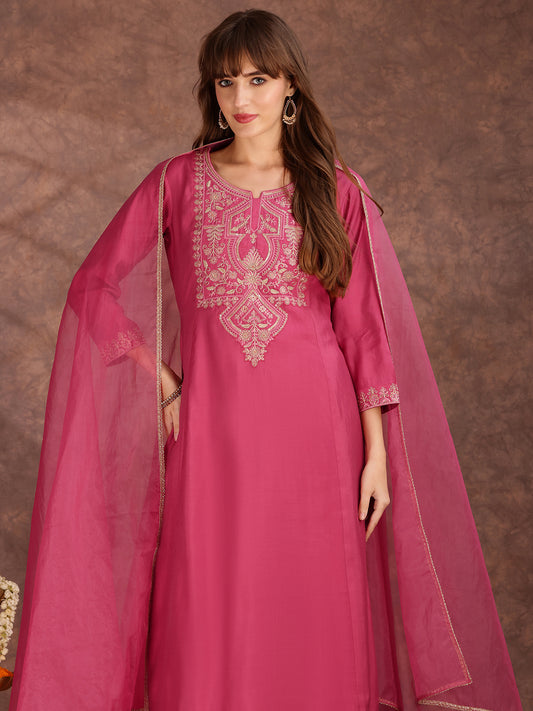 Floral Sequinned Embroidered Round Neck Kurta & Palazzos With Dupatta