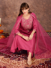 Floral Sequinned Embroidered Round Neck Kurta & Palazzos With Dupatta